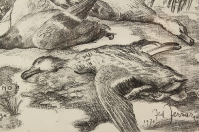 arte, novecento, Federico Ferrari (1917-1979), 1970, caccia al germano, matita su carta