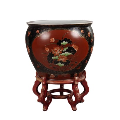 Porcelain Cachepot with Wooden Stand