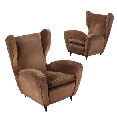 Vintage Armchairs Velvet Wood Italy 1950s