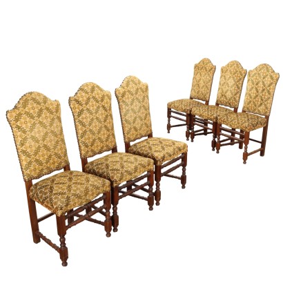 Antique Chairs Walnut Damasque Fabric Italy XX Century