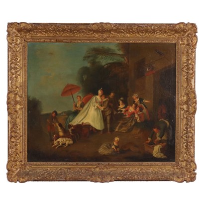 Antique Painting Gallant Scene Oil on Canvas XVIII Century