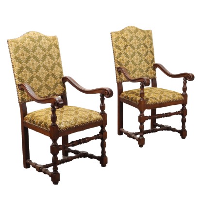 Antique Armchairs Walnut Damasque Fabric Italy XX Century