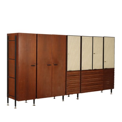 Vintage Wardrobe Mahogany Veneer Fabric Italy 1960s