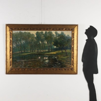 Dipinto di Giovanni Cavalli,Laghetto con cigni,Giovanni Cavalli,Giovanni Cavalli,Giovanni Cavalli