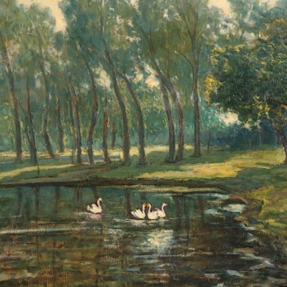 Dipinto di Giovanni Cavalli,Laghetto con cigni,Giovanni Cavalli,Giovanni Cavalli,Giovanni Cavalli