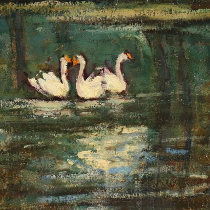 Dipinto di Giovanni Cavalli,Laghetto con cigni,Giovanni Cavalli,Giovanni Cavalli,Giovanni Cavalli