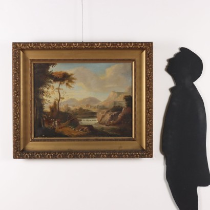 Pintura de paisaje con rebaños y figuras