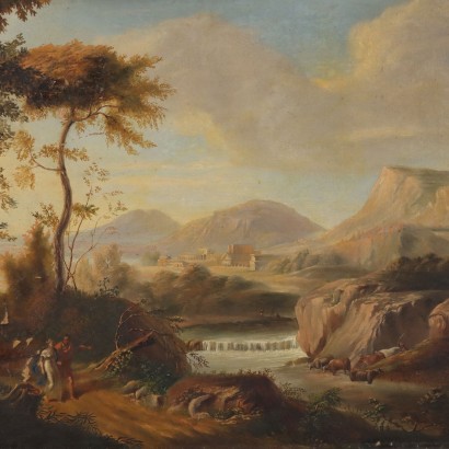 Pintura de paisaje con rebaños y figuras