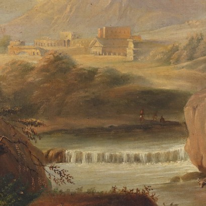 Pintura de paisaje con rebaños y figuras