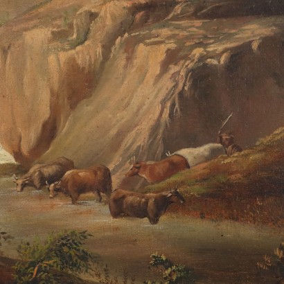 Pintura de paisaje con rebaños y figuras