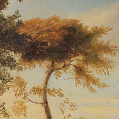 Pintura de paisaje con rebaños y figuras