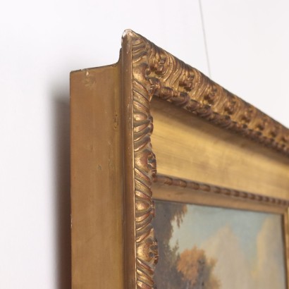 Pintura de paisaje con rebaños y figuras