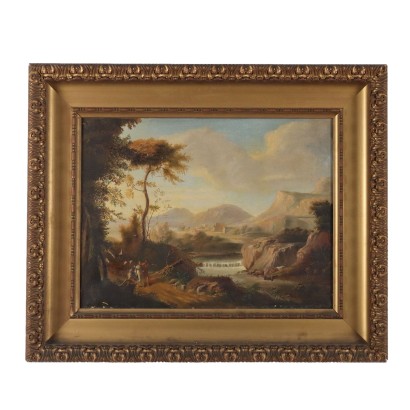 Pintura de paisaje con rebaños y figuras