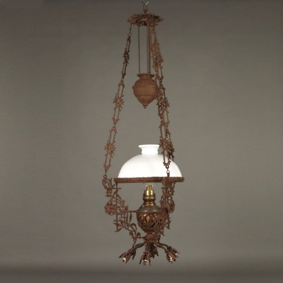 Antique Oil Chandelier Iron Adjustable Height Italy XX Century