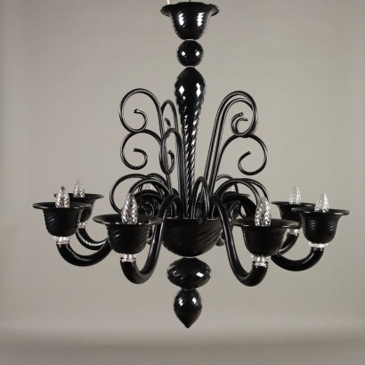 Lampadario nero,Lampadario in Vetro Nero Murano Anni 8