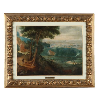 Dipinto Paesaggio con Edifici e Figure