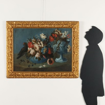 Dipinto Natura morta con fiori e pappa,Natura morta con fiori e pappagallo