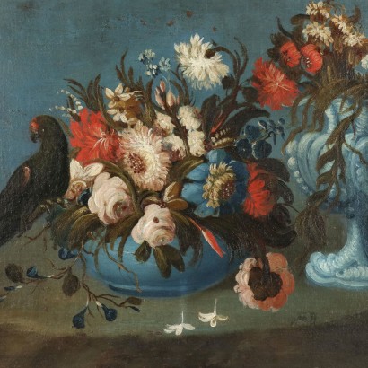 Dipinto Natura morta con fiori e pappa,Natura morta con fiori e pappagallo