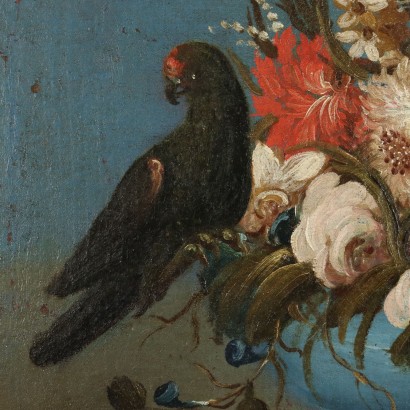 Dipinto Natura morta con fiori e pappa,Natura morta con fiori e pappagallo