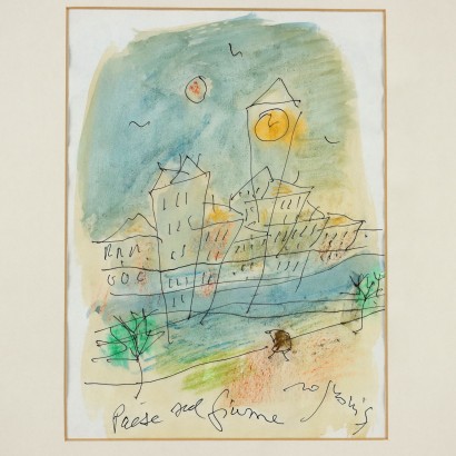 Dipinto di Franco Rognoni,Paese sul fiume,Franco Rognoni,Franco Rognoni,Franco Rognoni