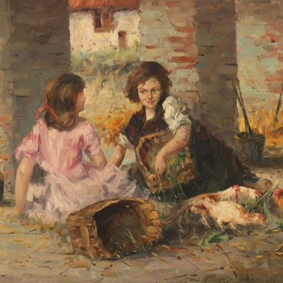 Dipinto Scena di Genere ,Passatempo di bimbe