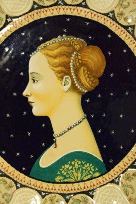 antiquariato, ceramica, Molaroni, Pesaro, 1940-50, coppia di piatti, ceramiche policrome, Raffaello Sanzio, Giovane donna del Pollaiolo
