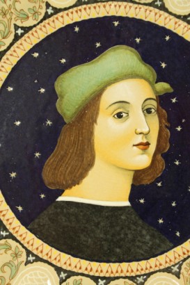antiquariato, ceramica, Molaroni, Pesaro, 1940-50, coppia di piatti, ceramiche policrome, Raffaello Sanzio, Giovane donna del Pollaiolo