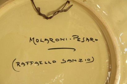 antiquariato, ceramica, Molaroni, Pesaro, 1940-50, coppia di piatti, ceramiche policrome, Raffaello Sanzio, Giovane donna del Pollaiolo