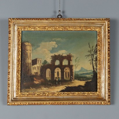 Gemälde Landschaft mit architektonischen Ruinen, Landschaft mit architektonischen Ruinen und f