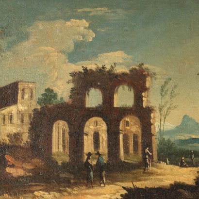 Gemälde Landschaft mit architektonischen Ruinen, Landschaft mit architektonischen Ruinen und f