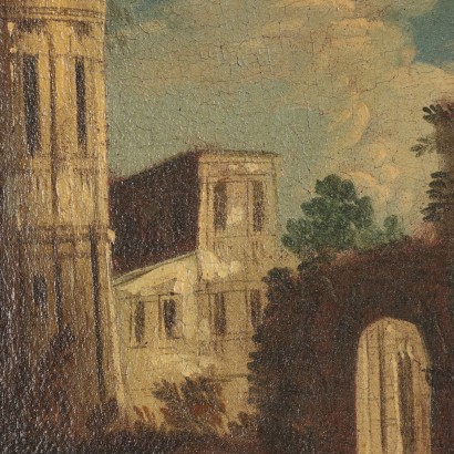 Gemälde Landschaft mit architektonischen Ruinen, Landschaft mit architektonischen Ruinen und f
