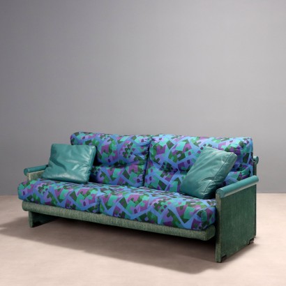 Vintage 2 Seater Sofa Fabric Leather Design Italy 1980s