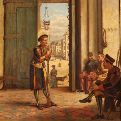 Dipinto Scena con Personaggi,Dipinto di George Goodwin Kilburne,Scena con guardie in città,George Goodwin Kilburne,George Goodwin Kilburne,George Goodwin Kilburne,George Goodwin Kilburne