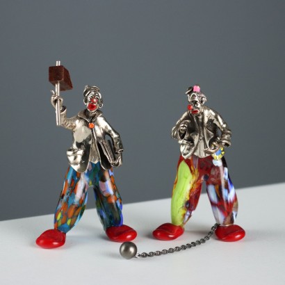 Coppia Pagliacci in Argento e Vetro Vittorio Angini