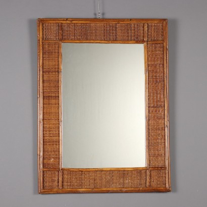 Specchio Anni '80 con Cornice in Bambù e Vimini
