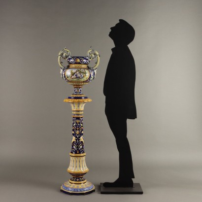 Colonna con Vaso in Maiolica Neorinascim
