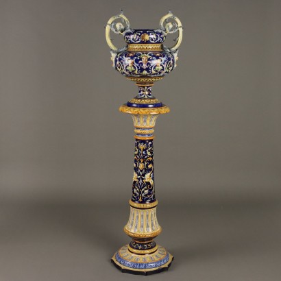 Colonna con Vaso in Maiolica Neorinascim