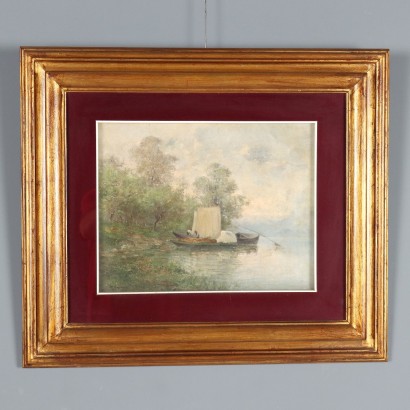 Landscape with Boats Painting Signed Ronaldo C. Baldelli Italy 1904