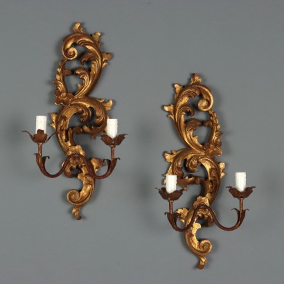 Antique Wall Lamps Carved Wood Italy XX Century