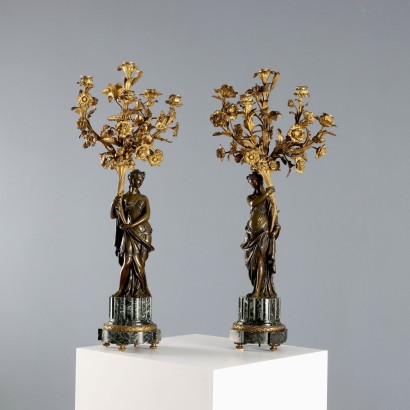 Coppia di Candelabri in Bronzo e Marmo