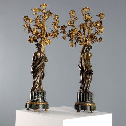 Coppia di Candelabri in Bronzo e Marmo