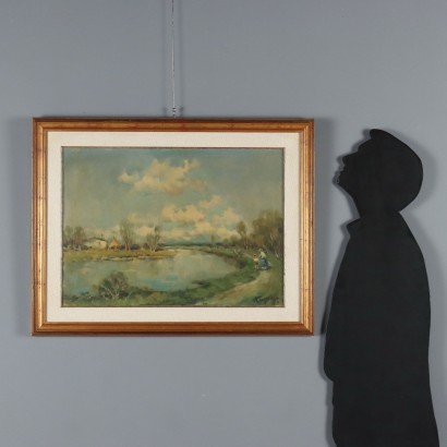 Dipinto di Ivan Karpoff,Paesaggio fluviale con figure,Ivan Karpoff,Ivan Karpoff,Ivan Karpoff,Born in Russia in 1898 Ivan Karpoff was introduced to painting by his father, who, seeing his talent, entrusted him to a local painter. After completing his studies at the Rostov art high school, in 1916 he was called to arms and sent to the southern front. Wounded and taken prisoner first by the Austrians and then by the English, he escaped to Bulgaria, in Sofia, where he began studying at the Academy of Fine Arts. In 1925 he won an American scholarship that allowed him to travel to Italy. Arriving in Milan in 1925, he graduated with honors from the Academy of Fine Arts after attending the painting course taught by Ambrogio Alciati. During his years at the Academy, he met the painter Julia Ivanovna Lund (1905-1974), of Norwegian origins but born in Russia, who later became his wife. Despite the interruption caused by the Second World War, Karpoff produced a very vast body of work, and he quickly distinguished himself in the Milanese environment: his ability to combine a sensitivity characteristic of Slavic art with themes evoking typically Italian landscapes (specifically, Lombard ones) was particularly appreciated. His subjects indeed present elements reminiscent of Russian landscapes and reveal the painter,Ivan Karpoff,Ivan Karpoff
