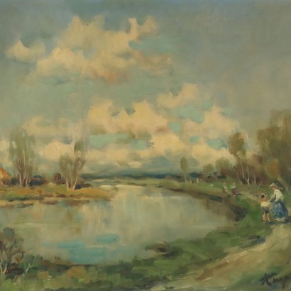 Dipinto di Ivan Karpoff,Paesaggio fluviale con figure,Ivan Karpoff,Ivan Karpoff,Ivan Karpoff,Born in Russia in 1898 Ivan Karpoff was introduced to painting by his father, who, seeing his talent, entrusted him to a local painter. After completing his studies at the Rostov art high school, in 1916 he was called to arms and sent to the southern front. Wounded and taken prisoner first by the Austrians and then by the English, he escaped to Bulgaria, in Sofia, where he began studying at the Academy of Fine Arts. In 1925 he won an American scholarship that allowed him to travel to Italy. Arriving in Milan in 1925, he graduated with honors from the Academy of Fine Arts after attending the painting course taught by Ambrogio Alciati. During his years at the Academy, he met the painter Julia Ivanovna Lund (1905-1974), of Norwegian origins but born in Russia, who later became his wife. Despite the interruption caused by the Second World War, Karpoff produced a very vast body of work, and he quickly distinguished himself in the Milanese environment: his ability to combine a sensitivity characteristic of Slavic art with themes evoking typically Italian landscapes (specifically, Lombard ones) was particularly appreciated. His subjects indeed present elements reminiscent of Russian landscapes and reveal the painter,Ivan Karpoff,Ivan Karpoff