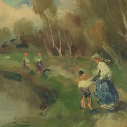 Dipinto di Ivan Karpoff,Paesaggio fluviale con figure,Ivan Karpoff,Ivan Karpoff,Ivan Karpoff,Born in Russia in 1898 Ivan Karpoff was introduced to painting by his father, who, seeing his talent, entrusted him to a local painter. After completing his studies at the Rostov art high school, in 1916 he was called to arms and sent to the southern front. Wounded and taken prisoner first by the Austrians and then by the English, he escaped to Bulgaria, in Sofia, where he began studying at the Academy of Fine Arts. In 1925 he won an American scholarship that allowed him to travel to Italy. Arriving in Milan in 1925, he graduated with honors from the Academy of Fine Arts after attending the painting course taught by Ambrogio Alciati. During his years at the Academy, he met the painter Julia Ivanovna Lund (1905-1974), of Norwegian origins but born in Russia, who later became his wife. Despite the interruption caused by the Second World War, Karpoff produced a very vast body of work, and he quickly distinguished himself in the Milanese environment: his ability to combine a sensitivity characteristic of Slavic art with themes evoking typically Italian landscapes (specifically, Lombard ones) was particularly appreciated. His subjects indeed present elements reminiscent of Russian landscapes and reveal the painter,Ivan Karpoff,Ivan Karpoff