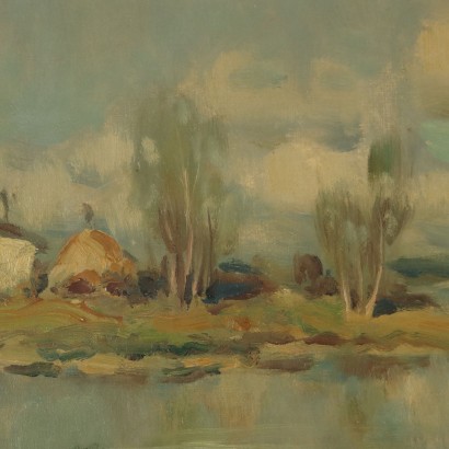 Dipinto di Ivan Karpoff,Paesaggio fluviale con figure,Ivan Karpoff,Ivan Karpoff,Ivan Karpoff,Born in Russia in 1898 Ivan Karpoff was introduced to painting by his father, who, seeing his talent, entrusted him to a local painter. After completing his studies at the Rostov art high school, in 1916 he was called to arms and sent to the southern front. Wounded and taken prisoner first by the Austrians and then by the English, he escaped to Bulgaria, in Sofia, where he began studying at the Academy of Fine Arts. In 1925 he won an American scholarship that allowed him to travel to Italy. Arriving in Milan in 1925, he graduated with honors from the Academy of Fine Arts after attending the painting course taught by Ambrogio Alciati. During his years at the Academy, he met the painter Julia Ivanovna Lund (1905-1974), of Norwegian origins but born in Russia, who later became his wife. Despite the interruption caused by the Second World War, Karpoff produced a very vast body of work, and he quickly distinguished himself in the Milanese environment: his ability to combine a sensitivity characteristic of Slavic art with themes evoking typically Italian landscapes (specifically, Lombard ones) was particularly appreciated. His subjects indeed present elements reminiscent of Russian landscapes and reveal the painter,Ivan Karpoff,Ivan Karpoff