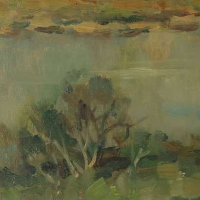 Dipinto di Ivan Karpoff,Paesaggio fluviale con figure,Ivan Karpoff,Ivan Karpoff,Ivan Karpoff,Born in Russia in 1898 Ivan Karpoff was introduced to painting by his father, who, seeing his talent, entrusted him to a local painter. After completing his studies at the Rostov art high school, in 1916 he was called to arms and sent to the southern front. Wounded and taken prisoner first by the Austrians and then by the English, he escaped to Bulgaria, in Sofia, where he began studying at the Academy of Fine Arts. In 1925 he won an American scholarship that allowed him to travel to Italy. Arriving in Milan in 1925, he graduated with honors from the Academy of Fine Arts after attending the painting course taught by Ambrogio Alciati. During his years at the Academy, he met the painter Julia Ivanovna Lund (1905-1974), of Norwegian origins but born in Russia, who later became his wife. Despite the interruption caused by the Second World War, Karpoff produced a very vast body of work, and he quickly distinguished himself in the Milanese environment: his ability to combine a sensitivity characteristic of Slavic art with themes evoking typically Italian landscapes (specifically, Lombard ones) was particularly appreciated. His subjects indeed present elements reminiscent of Russian landscapes and reveal the painter,Ivan Karpoff,Ivan Karpoff