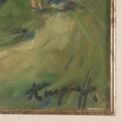 Dipinto di Ivan Karpoff,Paesaggio fluviale con figure,Ivan Karpoff,Ivan Karpoff,Ivan Karpoff,Born in Russia in 1898 Ivan Karpoff was introduced to painting by his father, who, seeing his talent, entrusted him to a local painter. After completing his studies at the Rostov art high school, in 1916 he was called to arms and sent to the southern front. Wounded and taken prisoner first by the Austrians and then by the English, he escaped to Bulgaria, in Sofia, where he began studying at the Academy of Fine Arts. In 1925 he won an American scholarship that allowed him to travel to Italy. Arriving in Milan in 1925, he graduated with honors from the Academy of Fine Arts after attending the painting course taught by Ambrogio Alciati. During his years at the Academy, he met the painter Julia Ivanovna Lund (1905-1974), of Norwegian origins but born in Russia, who later became his wife. Despite the interruption caused by the Second World War, Karpoff produced a very vast body of work, and he quickly distinguished himself in the Milanese environment: his ability to combine a sensitivity characteristic of Slavic art with themes evoking typically Italian landscapes (specifically, Lombard ones) was particularly appreciated. His subjects indeed present elements reminiscent of Russian landscapes and reveal the painter,Ivan Karpoff,Ivan Karpoff