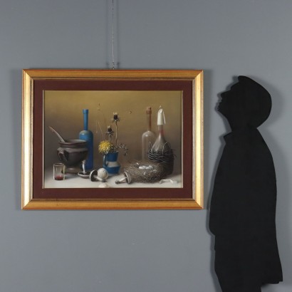 Dipinto di Proferio Grossi,Natura morta,Proferio Grossi,Proferio Grossi,Proferio Grossi,Born in 1923 on the hills of Parma PRoferio Grossi after classical studies in Parma moved to Milan, where he attended the Luigi Bocconi University of Commerce for a short time and then enrolled at the Brera Academy. Here he became the favored student of Atanasio Soldati, his fellow townsman and leader of Geometric Abstractionism. In 1948 he joined the MAC (Movimento Arte Concreta) and in 1954 held his first solo exhibition at Studio B 24 in Milan, where in 1957 he then organized the 1st Concrete Art Review at the Schettini Gallery. In the following years Proferio Grossi achieved well-deserved success with the adoption of object painting, in an aesthetic discourse he carried on until the last days of his life, alternating it with the abstract trend. Numerous are the solo, group, and retrospective exhibitions held by Proferio Grossi in Italian and foreign galleries. For his artistic merits, he was appointed member of the Academy of Fine Arts of Parma and other qualified Italian academies. Proferio Grossi also executed portraits of famous personalities, murals, and frescoes, both in the Parma and Milan areas. He died in Parma in 2000.,Proferio Grossi,Proferio Grossi