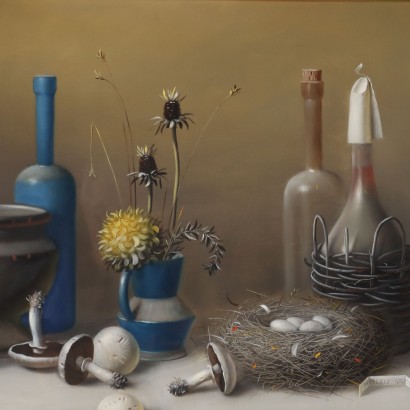 Dipinto di Proferio Grossi,Natura morta,Proferio Grossi,Proferio Grossi,Proferio Grossi,Born in 1923 on the hills of Parma PRoferio Grossi after classical studies in Parma moved to Milan, where he attended the Luigi Bocconi University of Commerce for a short time and then enrolled at the Brera Academy. Here he became the favored student of Atanasio Soldati, his fellow townsman and leader of Geometric Abstractionism. In 1948 he joined the MAC (Movimento Arte Concreta) and in 1954 held his first solo exhibition at Studio B 24 in Milan, where in 1957 he then organized the 1st Concrete Art Review at the Schettini Gallery. In the following years Proferio Grossi achieved well-deserved success with the adoption of object painting, in an aesthetic discourse he carried on until the last days of his life, alternating it with the abstract trend. Numerous are the solo, group, and retrospective exhibitions held by Proferio Grossi in Italian and foreign galleries. For his artistic merits, he was appointed member of the Academy of Fine Arts of Parma and other qualified Italian academies. Proferio Grossi also executed portraits of famous personalities, murals, and frescoes, both in the Parma and Milan areas. He died in Parma in 2000.,Proferio Grossi,Proferio Grossi