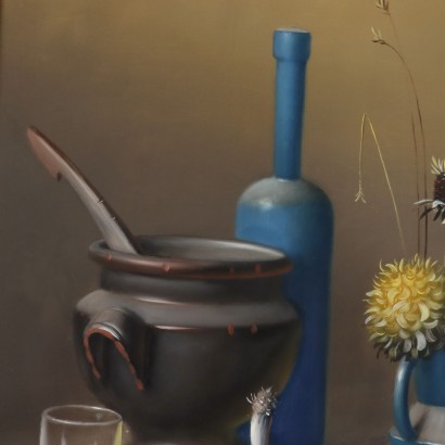 Dipinto di Proferio Grossi,Natura morta,Proferio Grossi,Proferio Grossi,Proferio Grossi,Born in 1923 on the hills of Parma PRoferio Grossi after classical studies in Parma moved to Milan, where he attended the Luigi Bocconi University of Commerce for a short time and then enrolled at the Brera Academy. Here he became the favored student of Atanasio Soldati, his fellow townsman and leader of Geometric Abstractionism. In 1948 he joined the MAC (Movimento Arte Concreta) and in 1954 held his first solo exhibition at Studio B 24 in Milan, where in 1957 he then organized the 1st Concrete Art Review at the Schettini Gallery. In the following years Proferio Grossi achieved well-deserved success with the adoption of object painting, in an aesthetic discourse he carried on until the last days of his life, alternating it with the abstract trend. Numerous are the solo, group, and retrospective exhibitions held by Proferio Grossi in Italian and foreign galleries. For his artistic merits, he was appointed member of the Academy of Fine Arts of Parma and other qualified Italian academies. Proferio Grossi also executed portraits of famous personalities, murals, and frescoes, both in the Parma and Milan areas. He died in Parma in 2000.,Proferio Grossi,Proferio Grossi